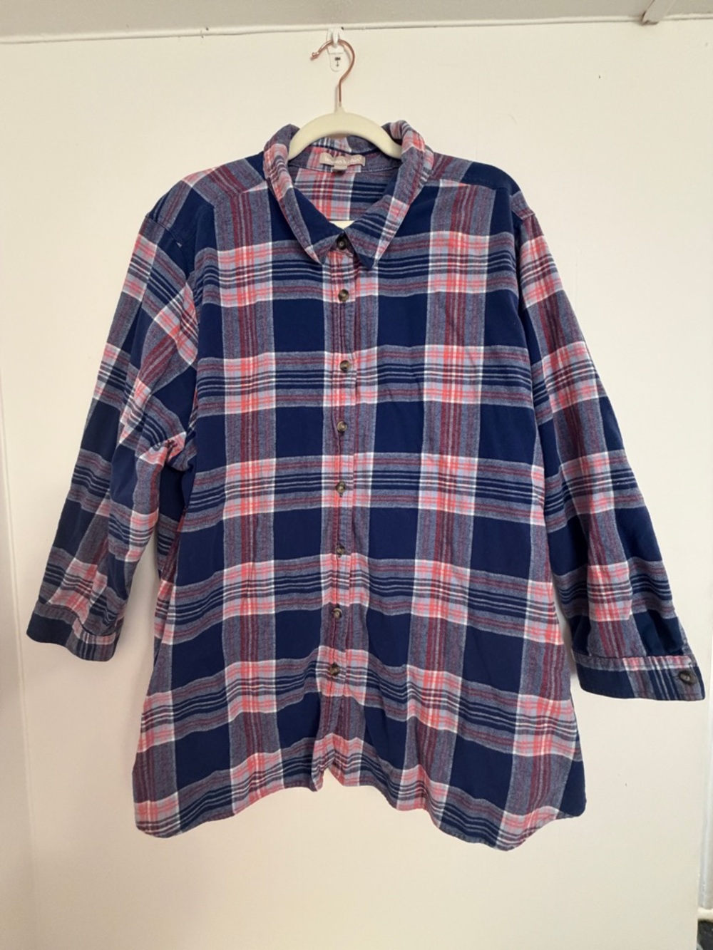 Woman Within Lightweight Flannel Navy Blue Pink Plaid Button-Down Shirt Size 3X
